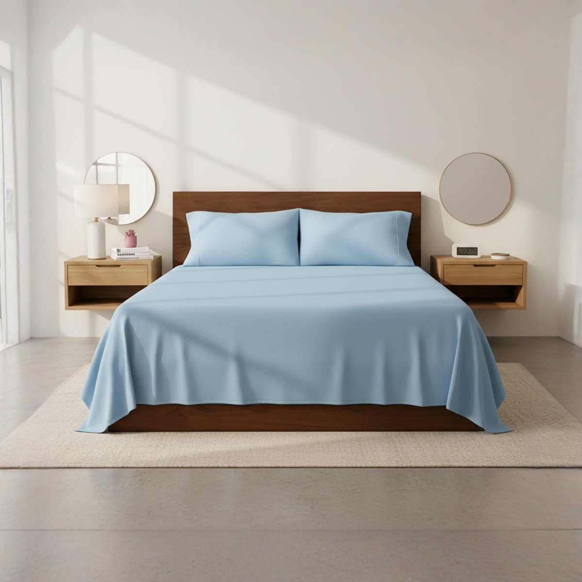 Cotton Bed Sheet Set - 3-Piece Light Blue Elastic Fitted - 120x200 cm