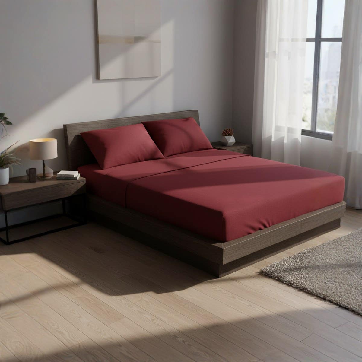 Luxury Burgundy Cotton Bed Sheet Set - 160cm x 200cm - Wrinkle Resistant