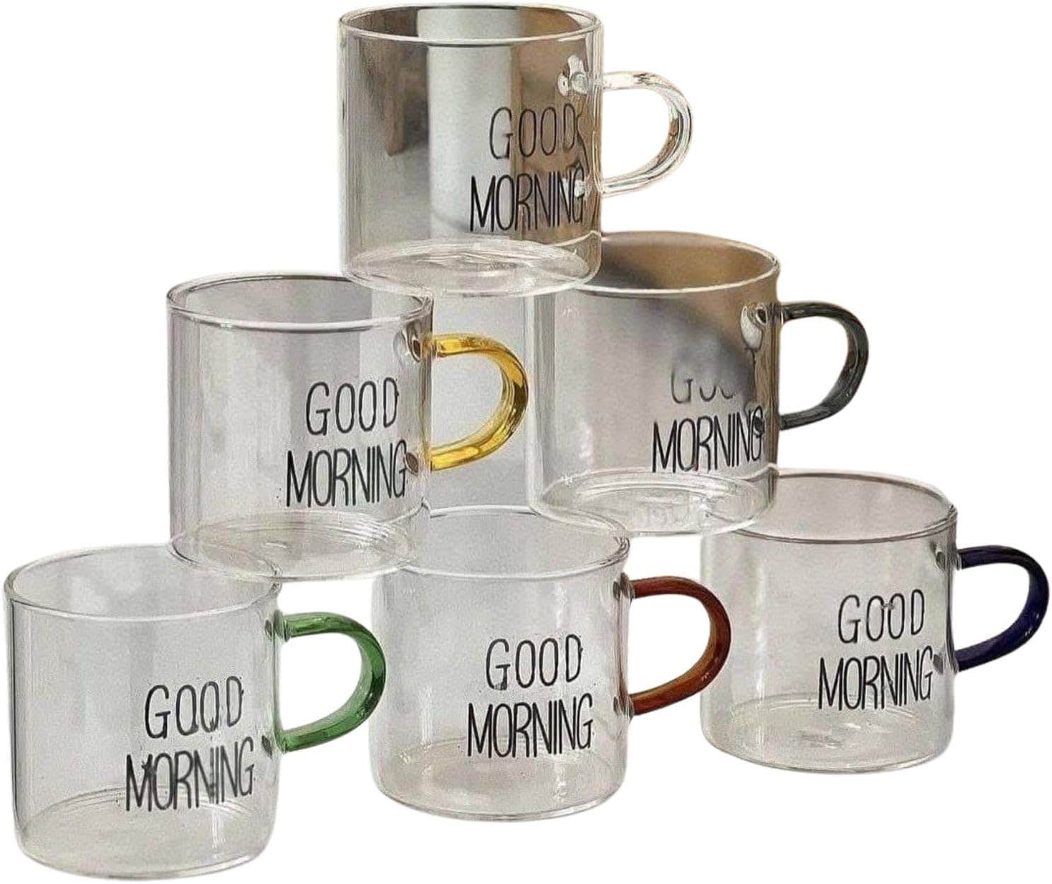 Glass Coffee Mugs with 'Good Morning' Text, Coloured Handles, Set of 6