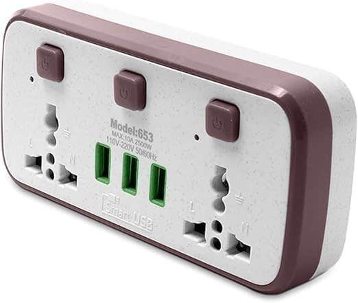 Power Extension Socket 2500W with 3 USB Chargers, 3 Switches, Auto 10A Max, Overload & Surge Protection, Ideal for Home & Travel - Model 653 (Red)