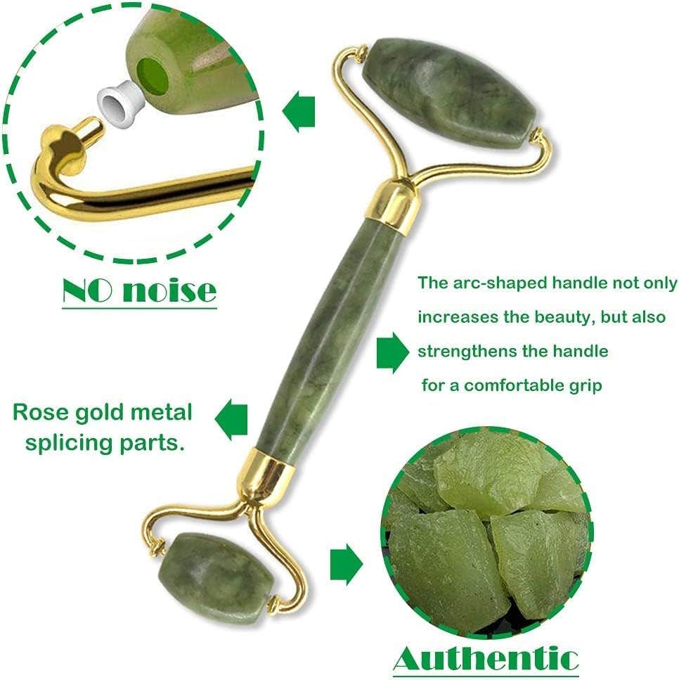 Anti-Aging Jade Facial Massage Set, Natural Stone Roller And Gua Sha Tools, Green