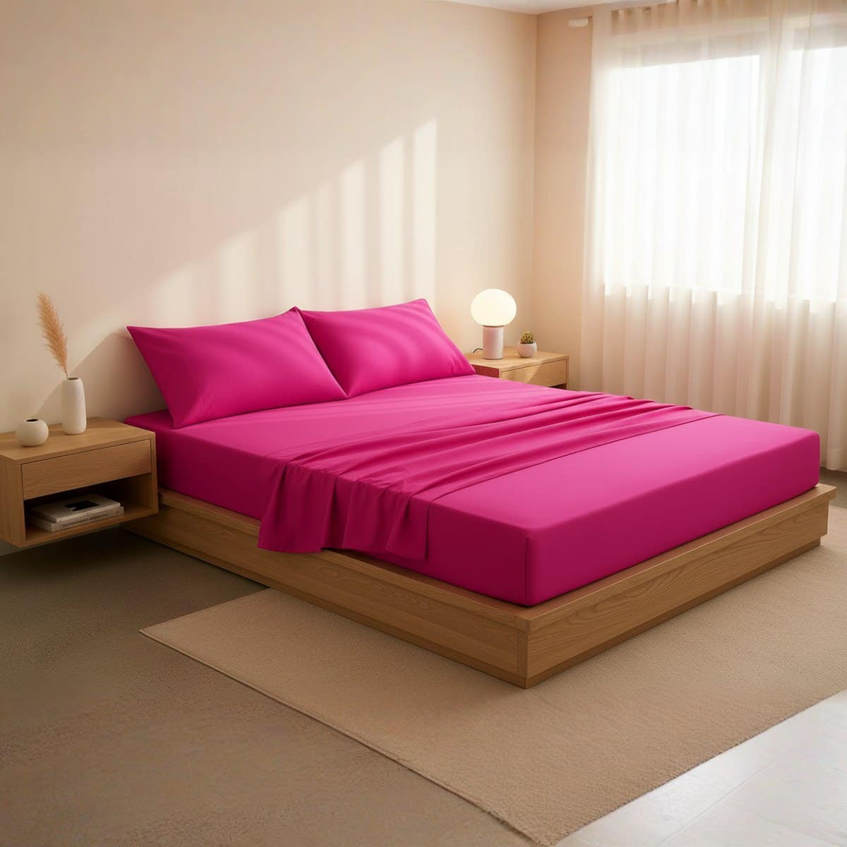 Bright Pink Luxury Cotton Bed Sheet Set - 120cm x 200cm - Wrinkle Resistant - 3-Piece Set