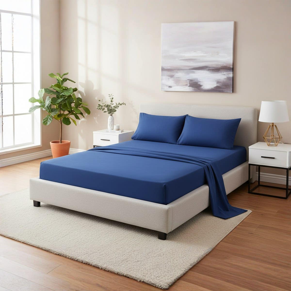 Luxury Royal Blue Cotton Bed Sheet Set, 3-Piece, Size160*200*30cm , Deep Pocket Fitted Sheet & Pillowcases
