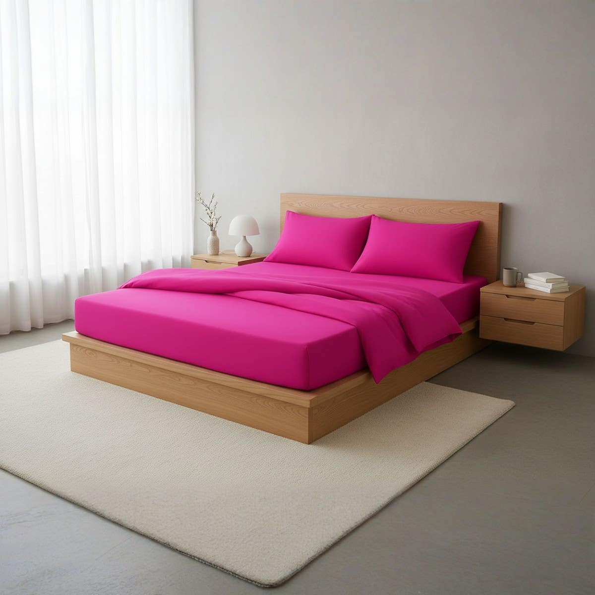 Luxury Bright Pink Cotton Bed Sheet Set - 180cm x 200cm - Wrinkle Resistant