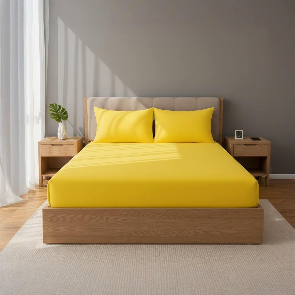 Luxury Yellow Cotton Blend Bedding Set with Fitted Sheet and Pillowcases ,size 140*200*30cm