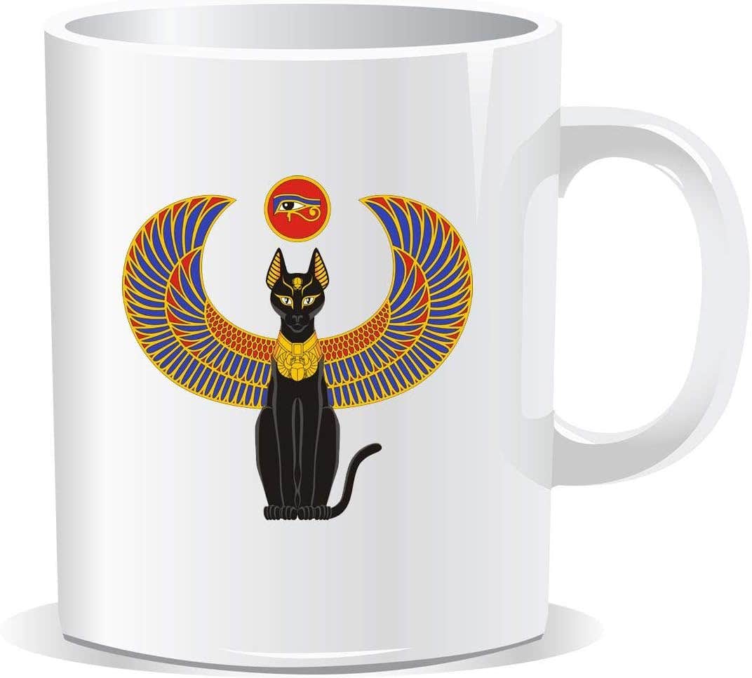 Ceramic White Mug with Pharaonic Cat Design - Lightweight