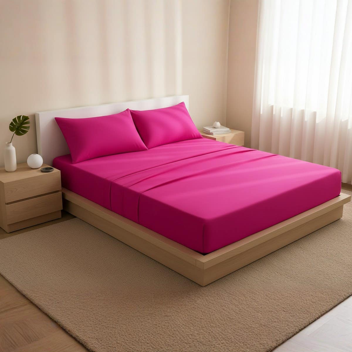 Luxury Bright Pink Cotton Bed Sheet Set with 2 Pillowcases, size  100cm x 200cm with a 30cm height