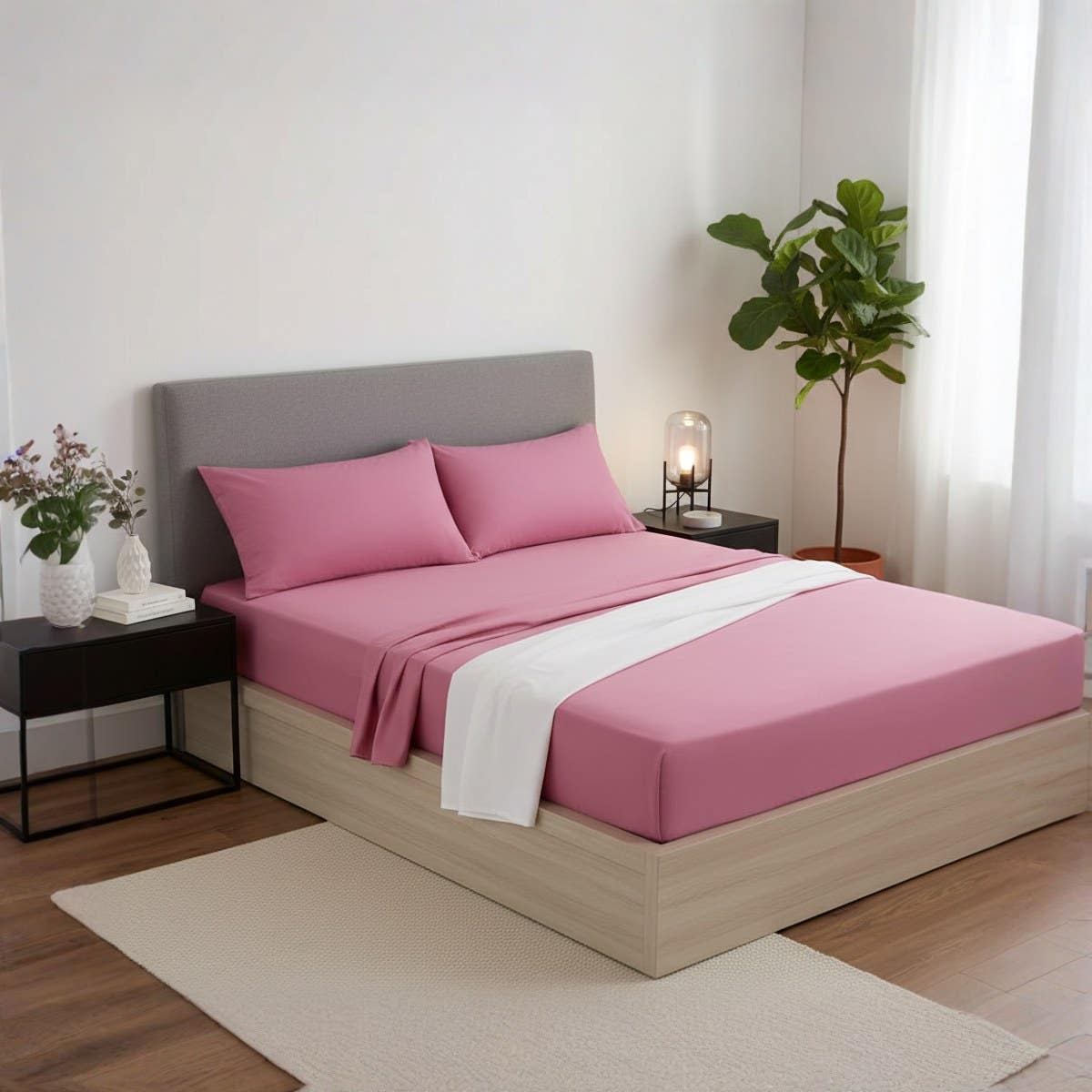 Luxury Hot Pink Cotton Fitted Sheet Set with Pillow Cases -  Size 140cm*200cm*30cm