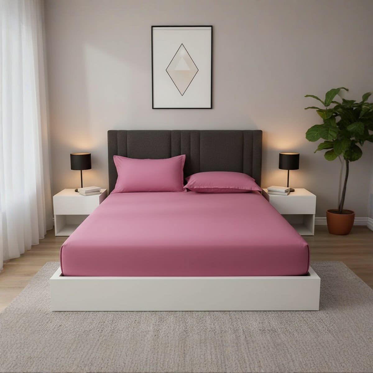 Luxury Hot Pink Cotton Fitted Sheet Set with Pillow Cases - Twin Size 160x200cm