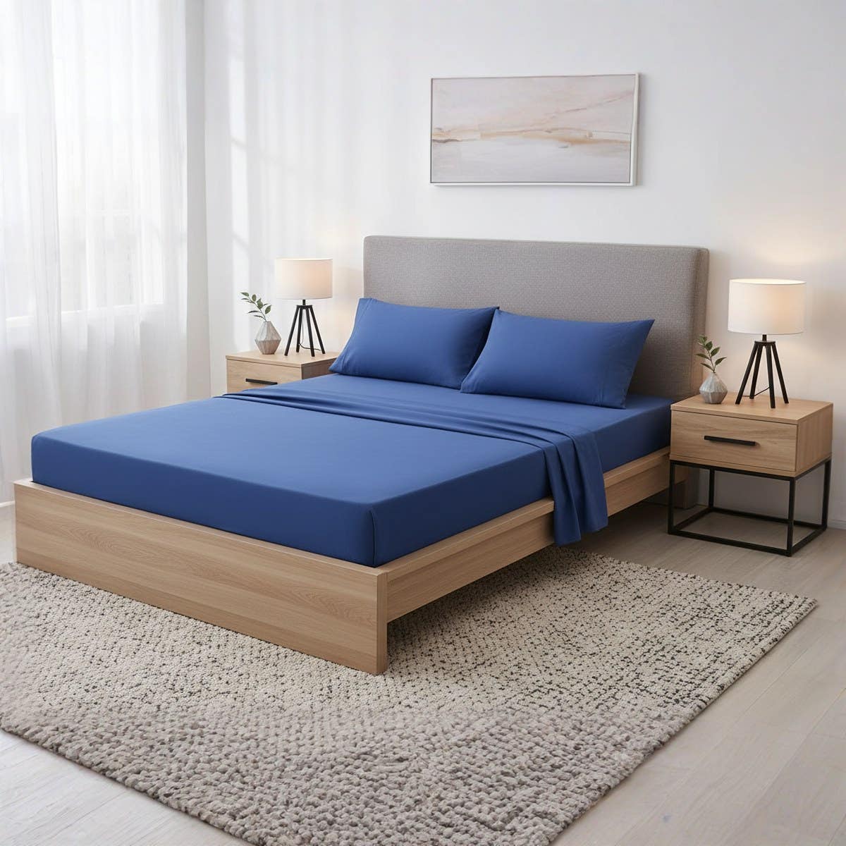 Luxury Cotton Bed Sheet Set, Royal Blue, 3-Piece Queen Size - Modern Style