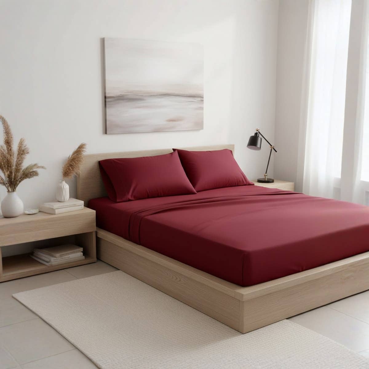 Luxury Burgundy Cotton Bed Sheet Set, Deep Pocket Fitted Sheet, Wrinkle Resistant - Pink ,size 140cm x 200cm,*30cm