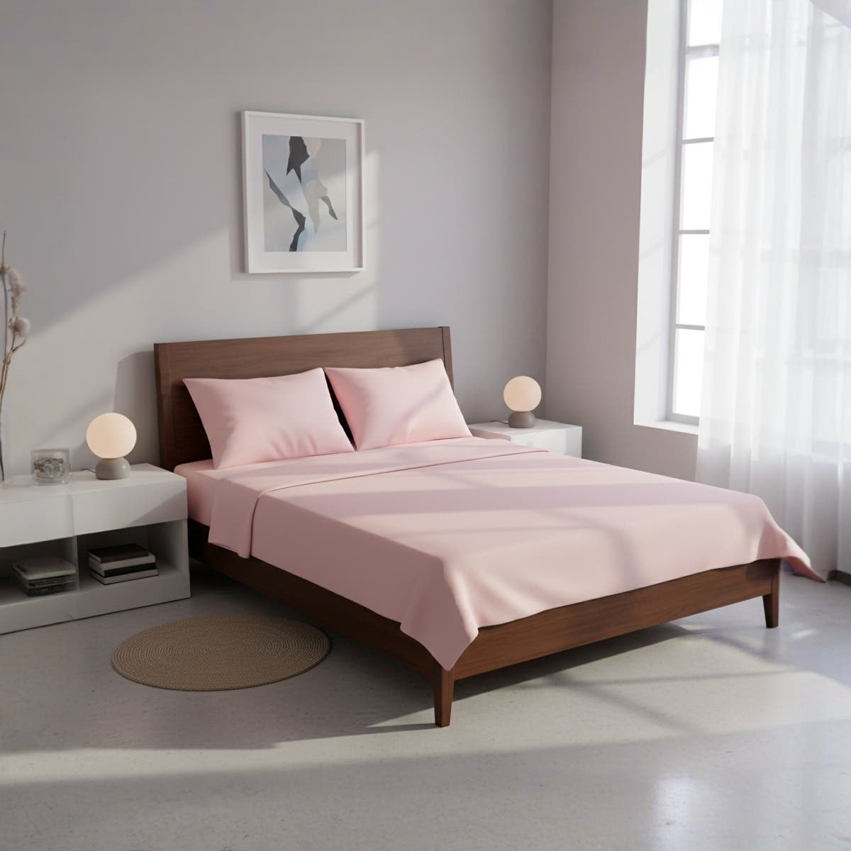 Queen Size Pink Cotton Polyester Bed Sheet Set with 2 Pillowcases - Elastic Fitted Sheet, Wrinkle-Resistant - 200 Thread Count