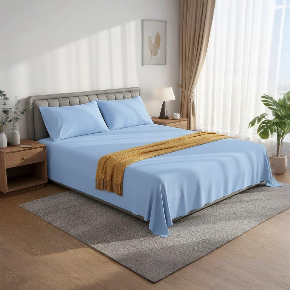 Luxury Cotton flat Bed Sheet Set - 3 Piece - 180x200x30cm - Light Blue - Fade Resistant