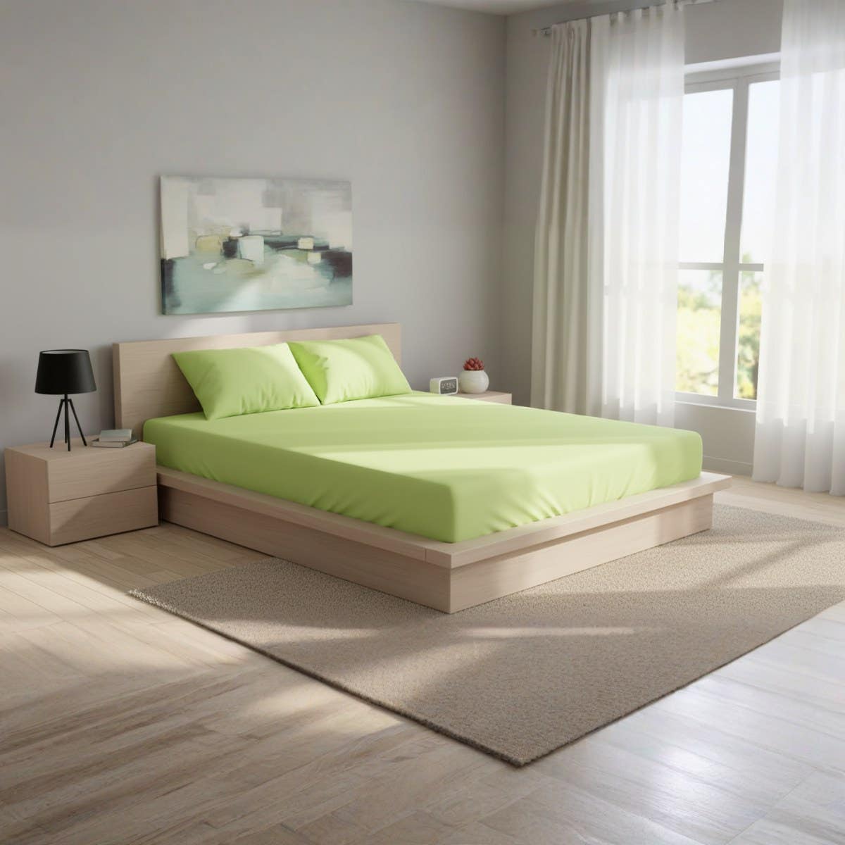 Luxury Apple Green Cotton Bed Sheet Set - Fitted Sheet + 2 Pillow Cases ,size 180cm*200cm*30cm