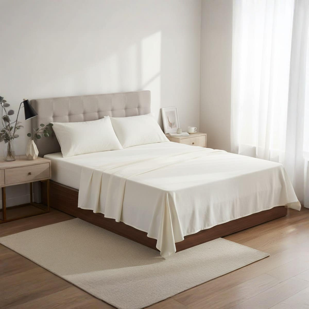 Luxury White Cotton Fitted Sheet Set for Modern Platform Beds - Queen Size