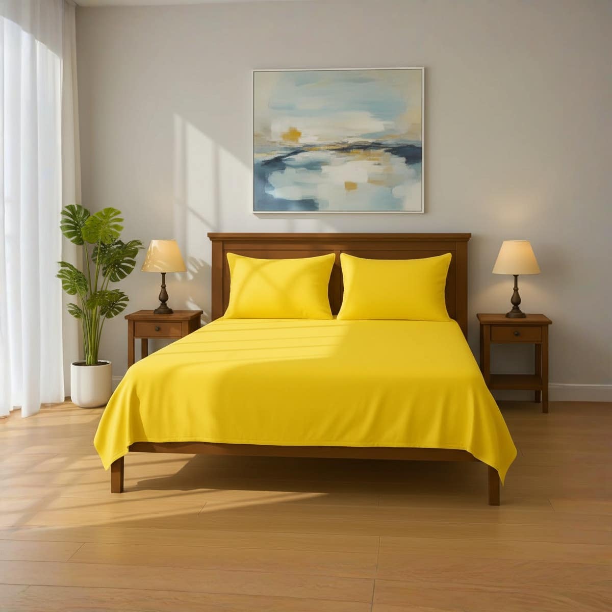 Hotel Quality Solid Cotton Fitted Bed Sheet – Soft, Wrinkle-Resistant & Colorfast – Easy Care – Ideal for Homes, Hotels & Resorts – Size ( 160*200*30cm ) – Color (yellow )