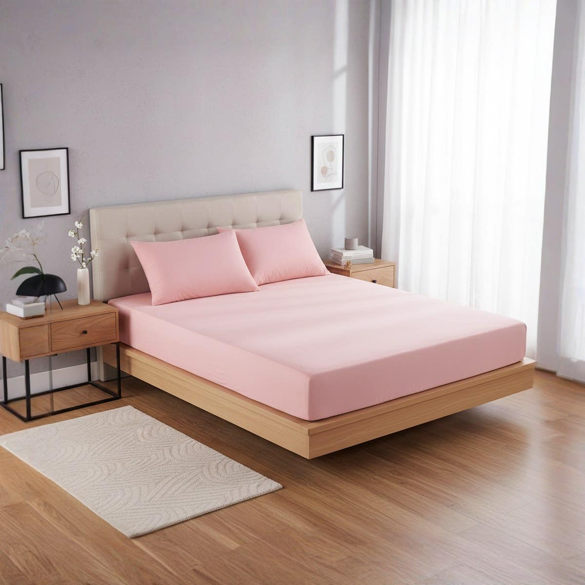 Luxury Pink Onion Rose Cotton Fitted Sheet Set - 160x200cm + 2 Pillow Covers