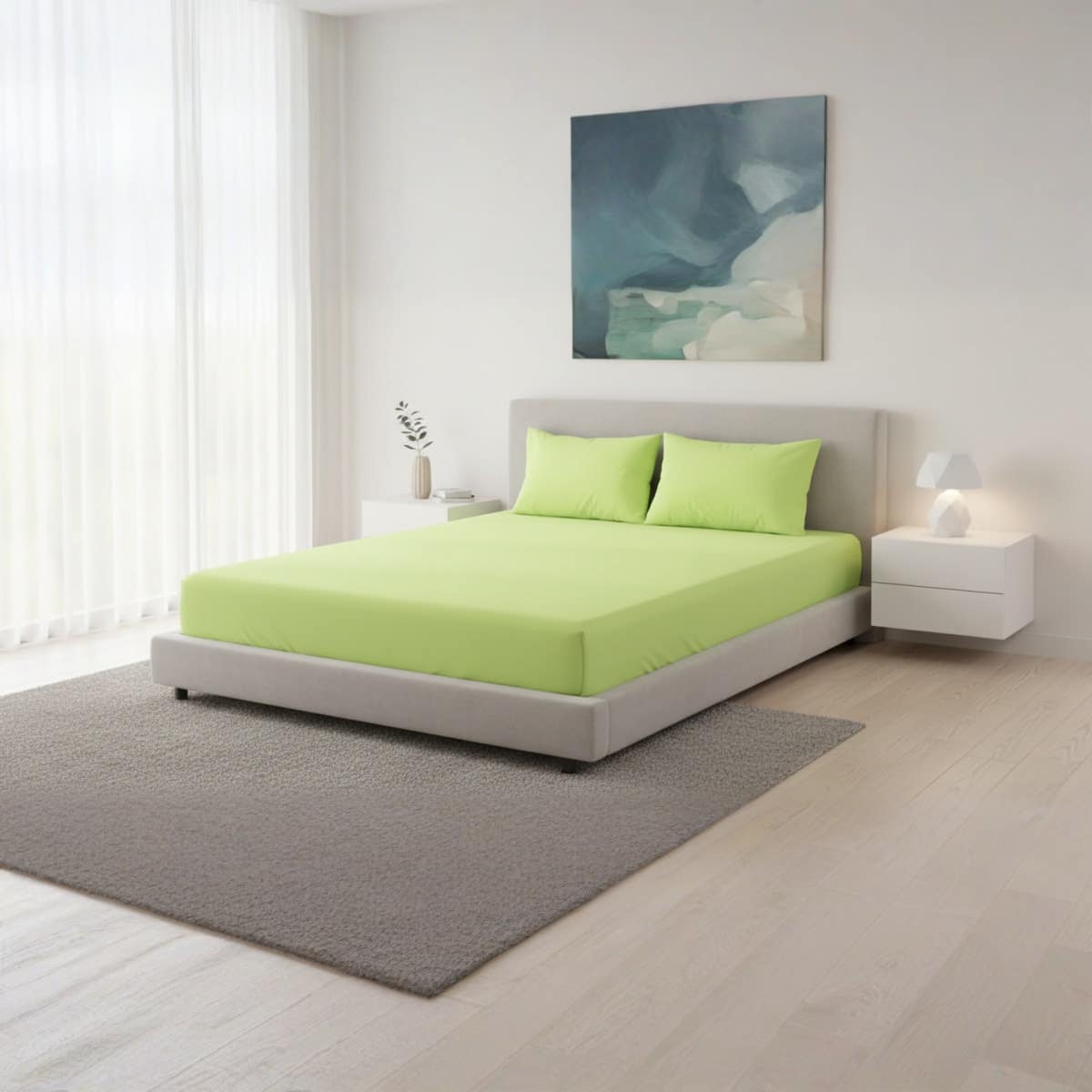 Luxury Apple Green Cotton Bed Sheet Set - 160cm - Wrinkle-Resistant - 1 Fitted Sheet, 2 Pillow Cases