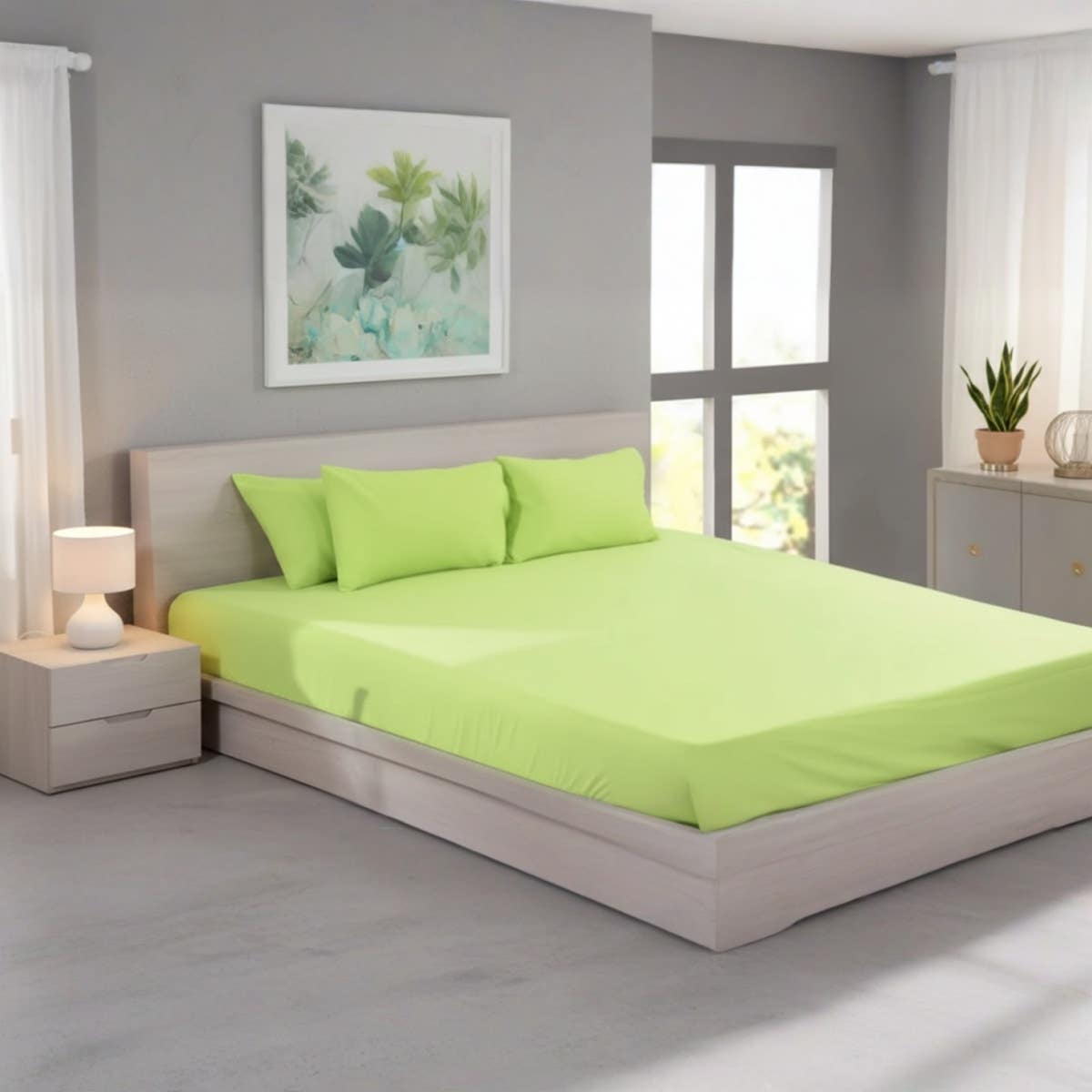 Luxurious Apple Green Cotton Bed Sheet Set - Fitted Sheet + 2 Pillow Cases, size 120x200cm*30cm