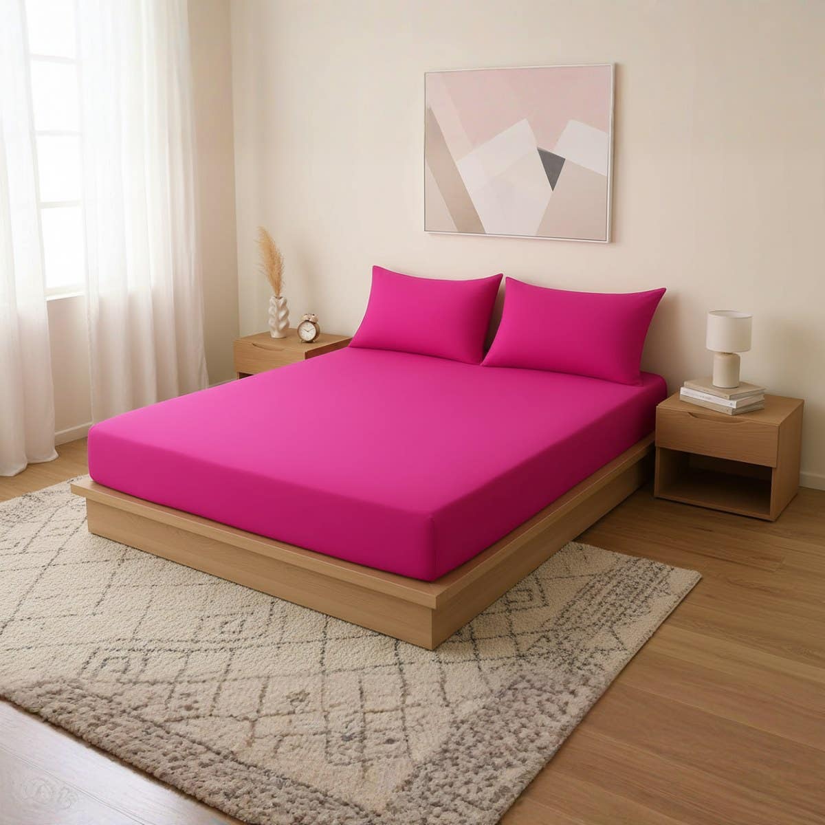 Luxury Bright Pink Cotton Bed Sheet Set - Fitted Sheet & Pillow Cases, size 200*200*30cm