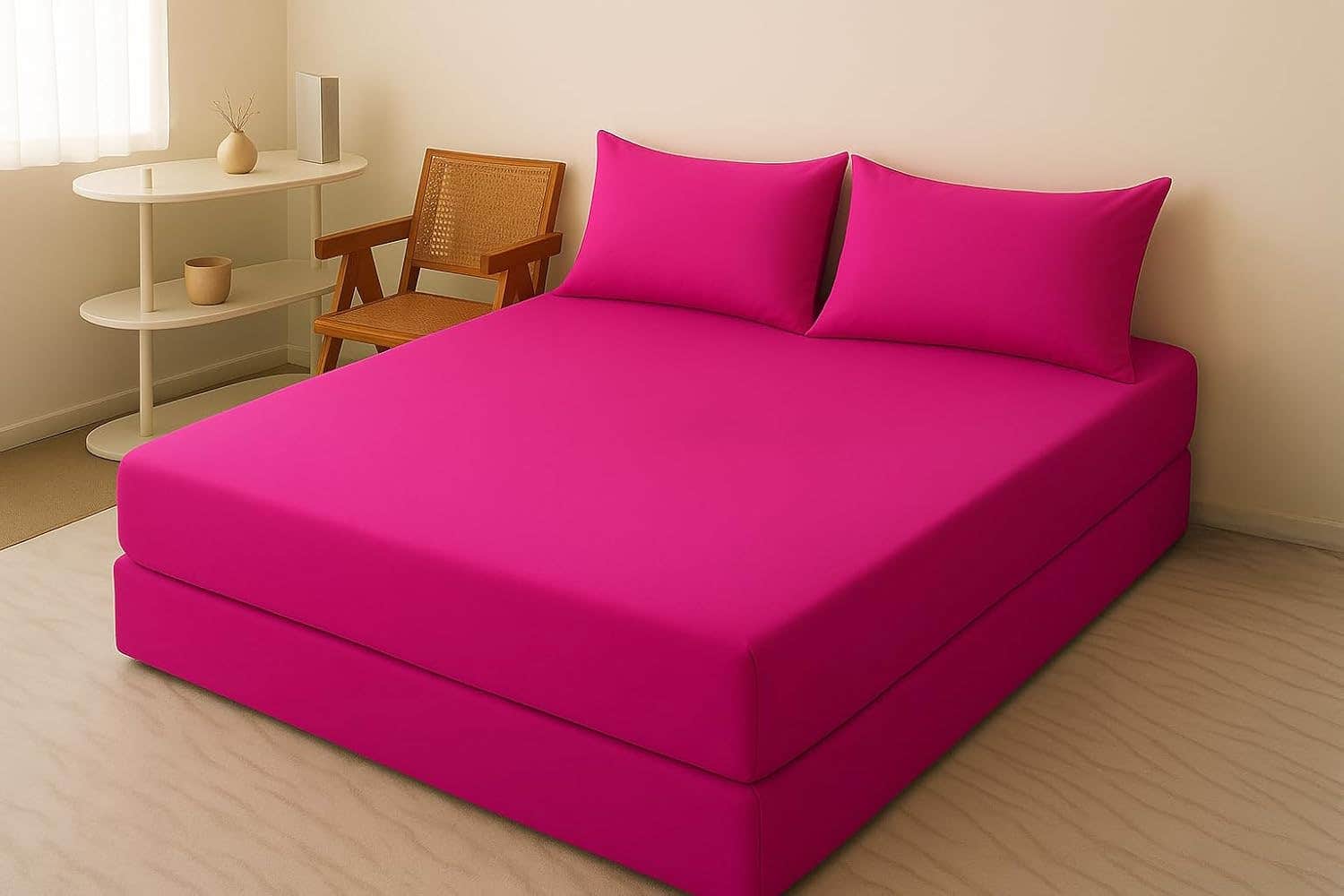 Bright Pink Luxury Cotton Bed Sheet Set - 140cm Size - Wrinkle Resistant - 1 Fitted Sheet + 2 Pillow Shams