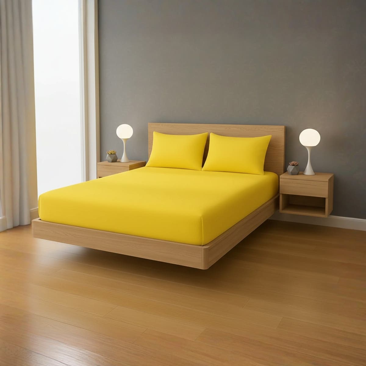 Luxury Yellow Cotton Bedding Set with Fitted Sheet and Pillowcases - Modern Bedroom Decor ,size 180cm x 200cm*30cm