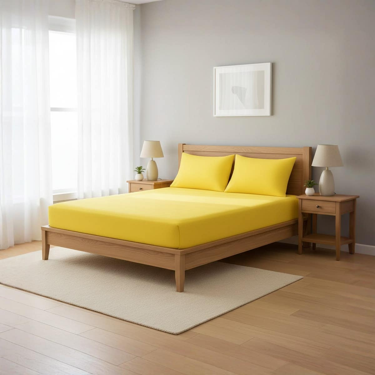 Yellow Luxury Cotton Bedding Set with Fitted Sheet & Pillowcases - Modern Bedroom Decor ,size 200cm x 200cm*30cm