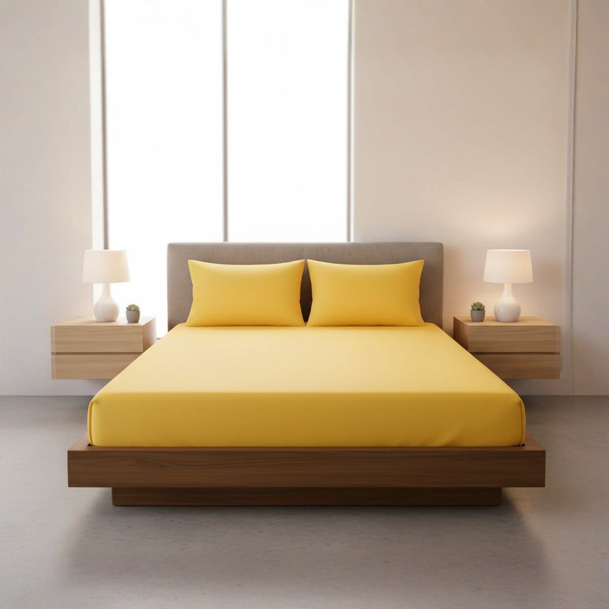 Luxury Yellow Cotton Blend Bedding Set - Fitted Sheet & Pillowcases ,size   100cm x 200cm *30cm