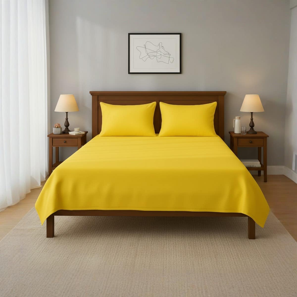 Luxury Yellow Cotton Bedding Set with Flat Sheet & Pillowcases - Modern Bedroom Decor , 120cm x 200cm*30cm