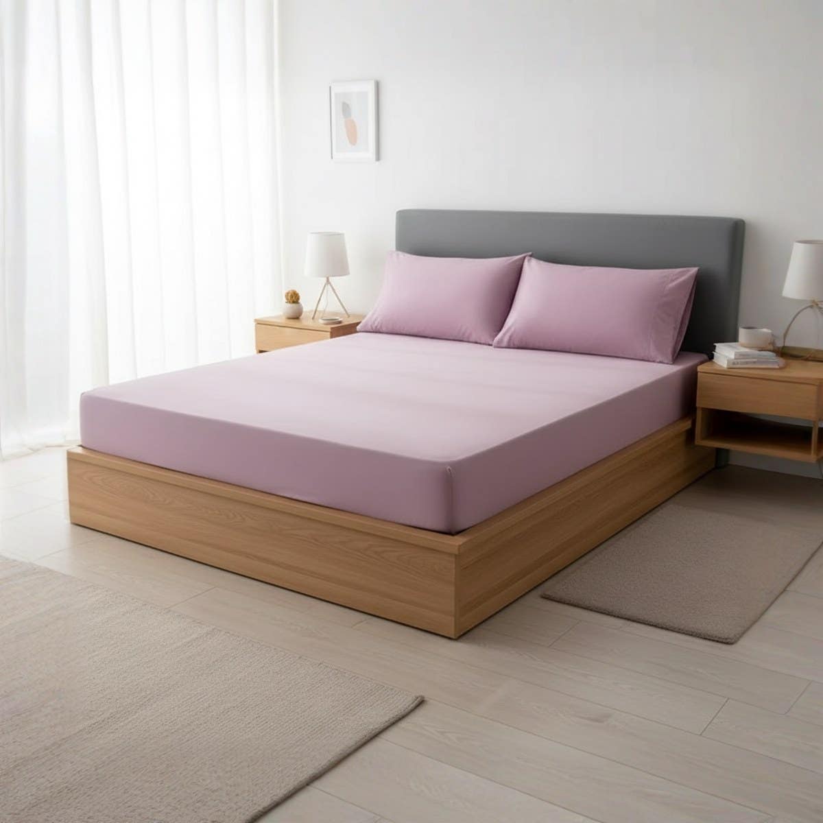 Lavender Purple Cotton Fitted Sheet Set - 100x200cm, Elastic Deep Pocket, 2 Pillowcases