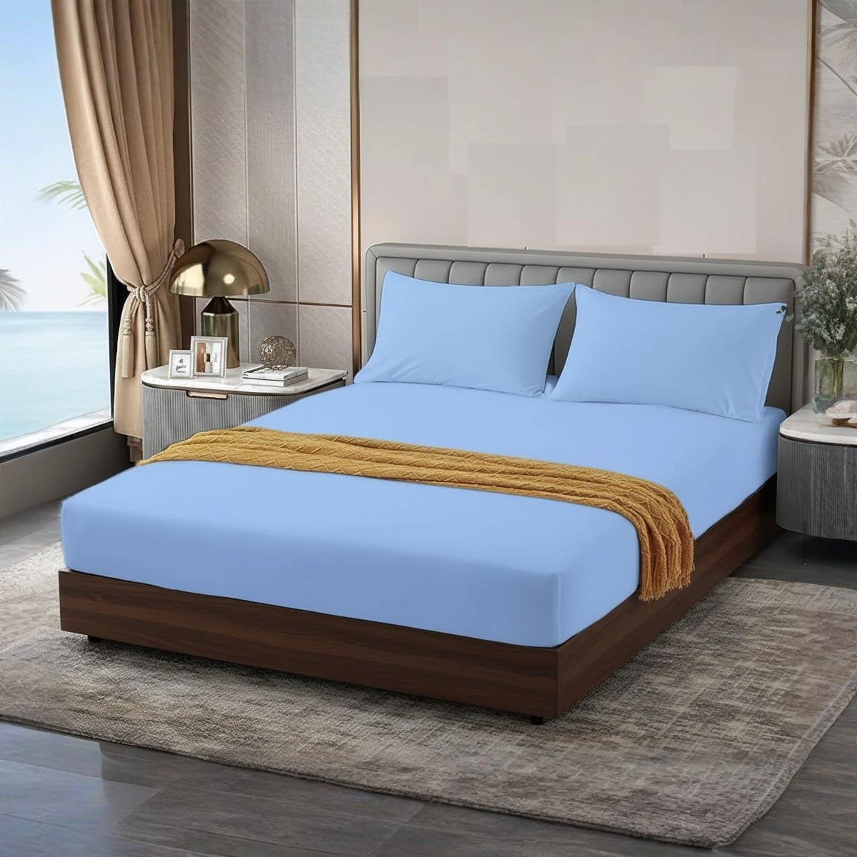 Luxury Cotton Fitted Sheet Set - 3-Piece Light Blue size 160cm x 200cm x 30cm- Fade Resistant