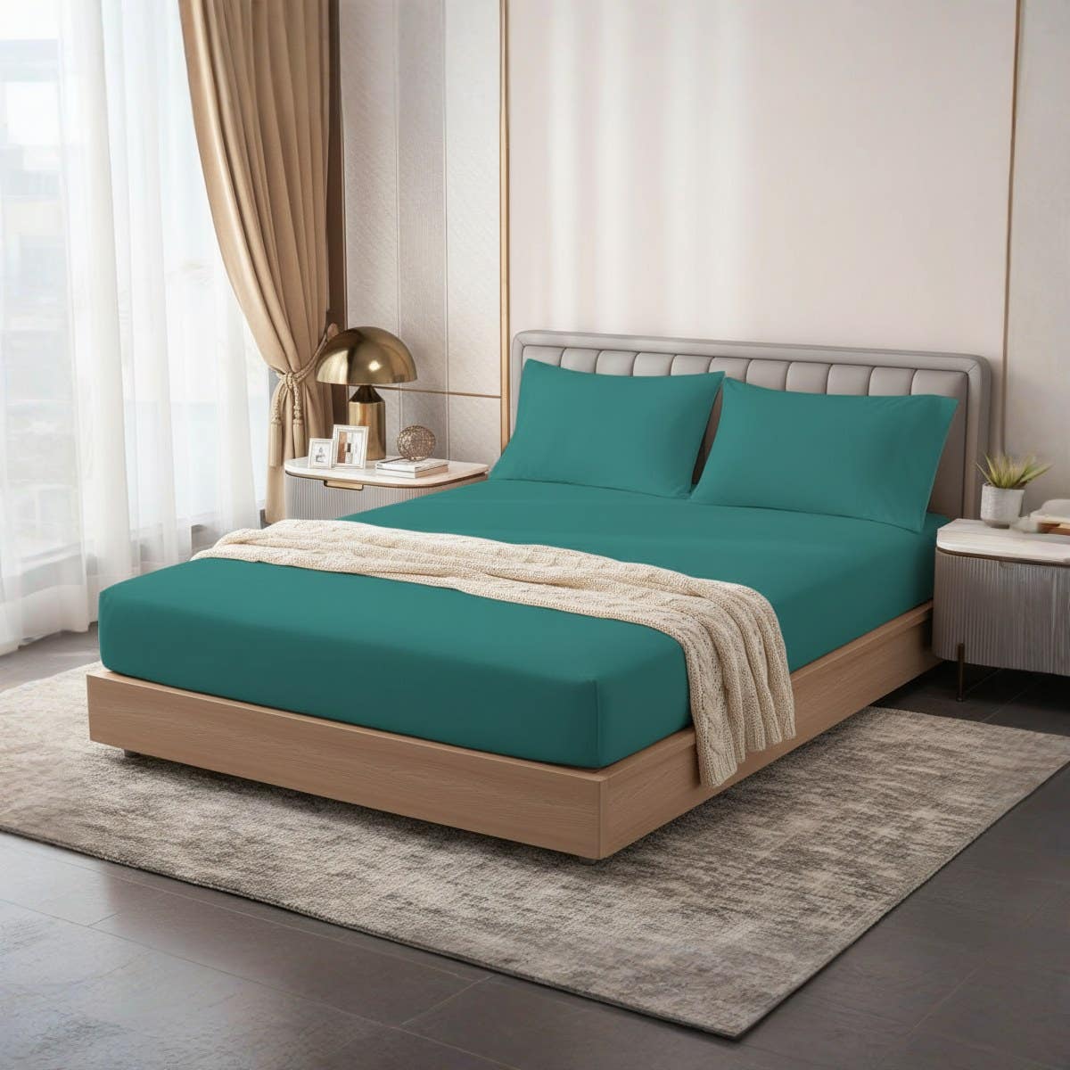 Generic Green Cotton Fitted Sheet Set - 3 Piece , Size160*200*30cm