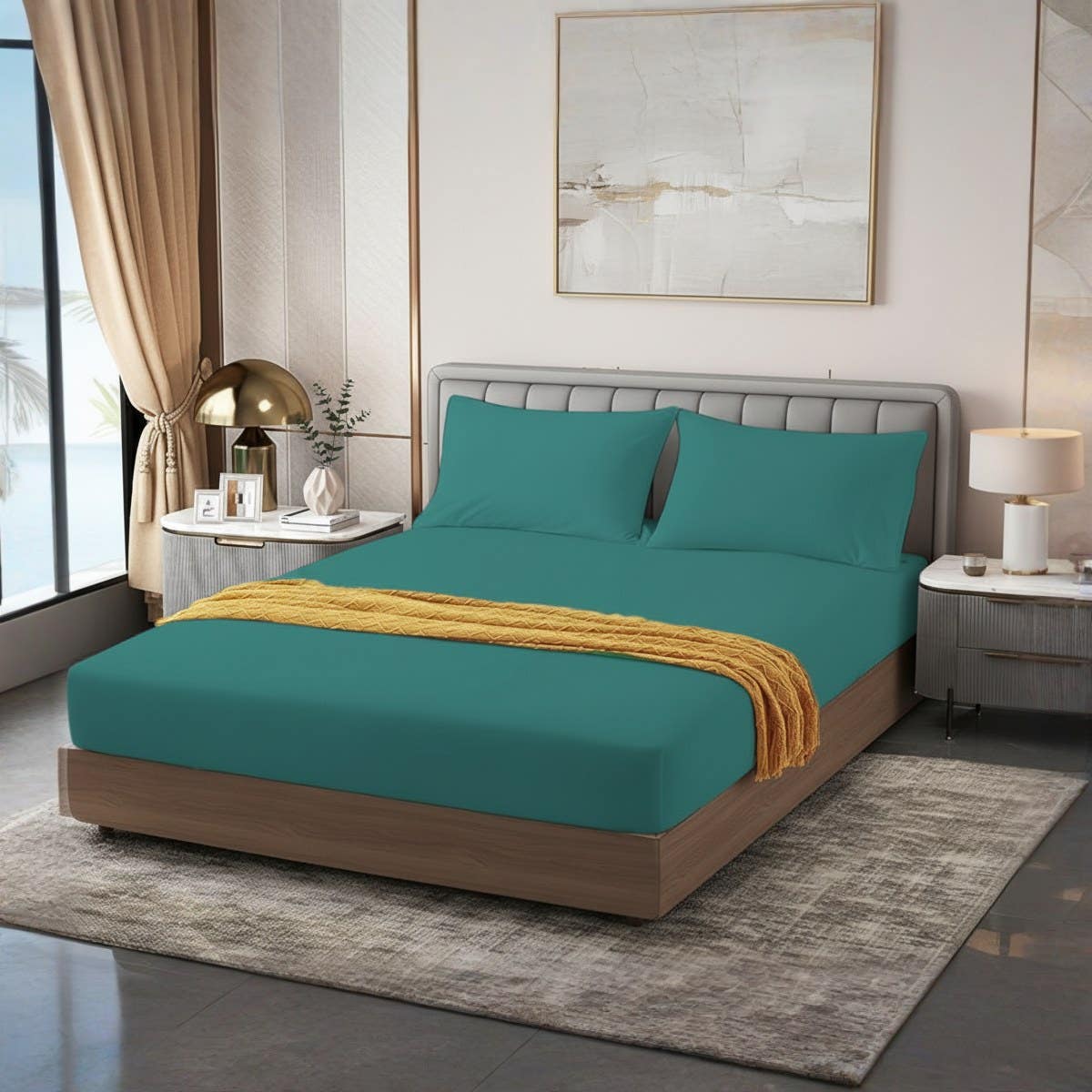 Generic Green Cotton Fitted Sheet Set - 3 Piece (180x200x30cm)
