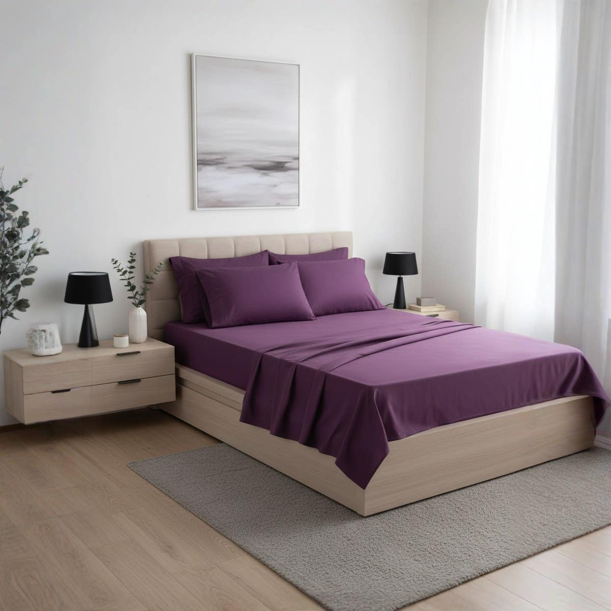 Luxury Mauve fitted Bed Sheet Set - Size 160cm x 200cm x 30cm, Wrinkle-Resistant, 3 Pieces