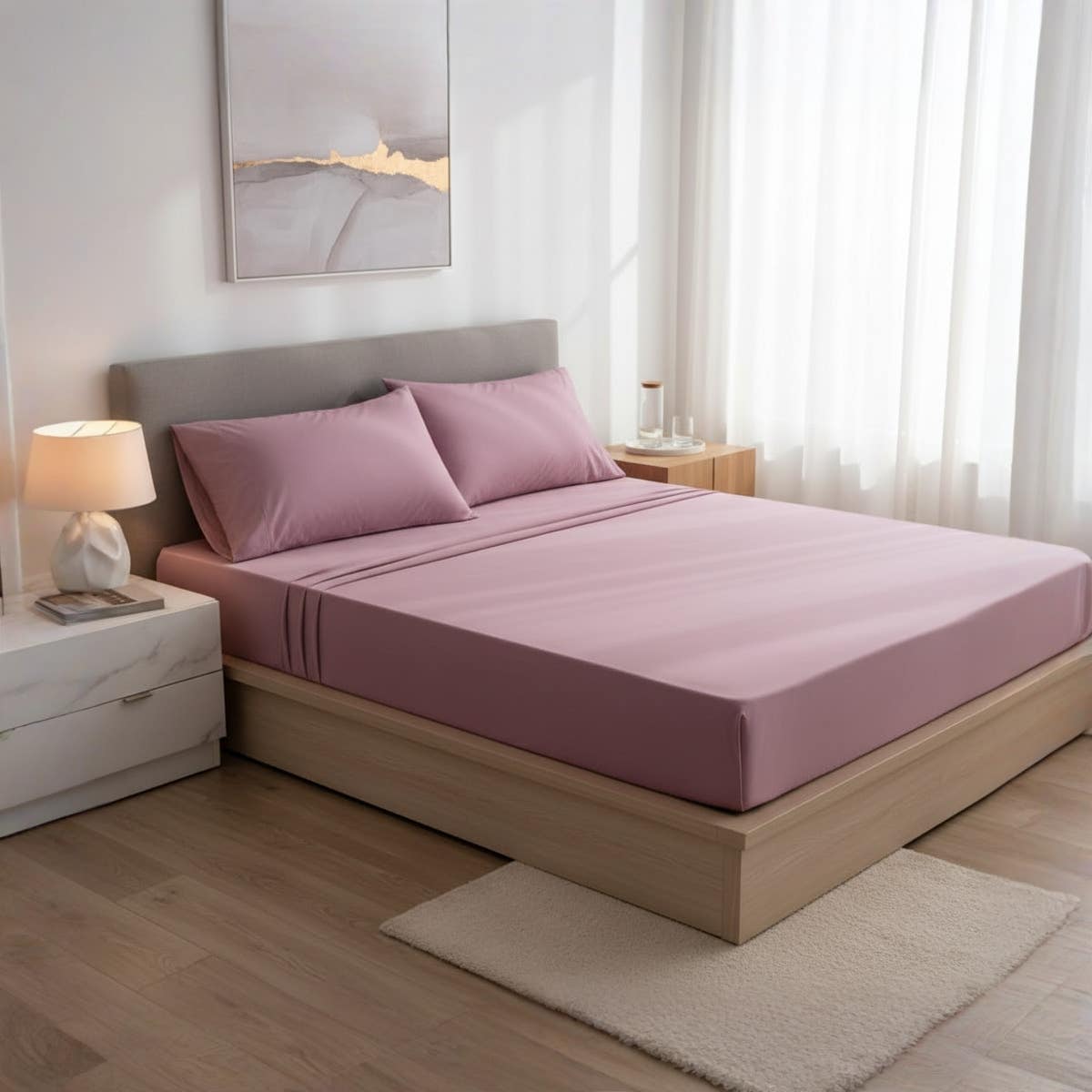 Luxury Dark Pink Cotton 3-Piece Bed Sheet Set with Pillowcases,size 140x200x30cm