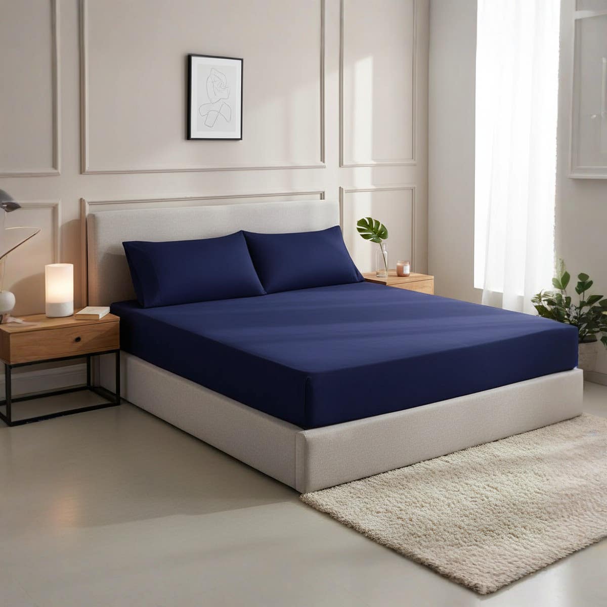 Luxury Navy Blue fitted Bed Sheet Set - Size 150*200*30cm - Wrinkle-Resistant - 3-Piece Set