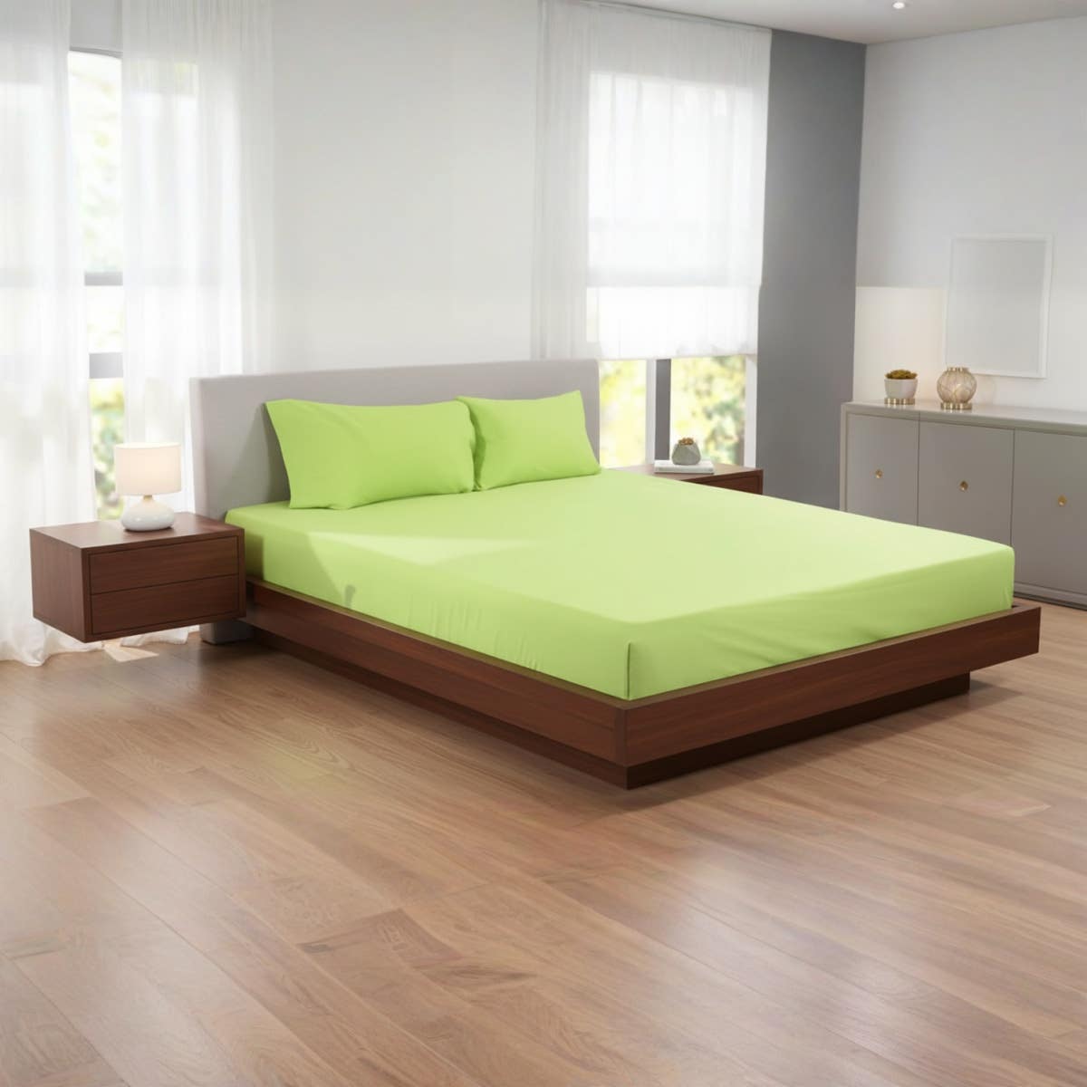 Luxury Apple Green Cotton Bed Sheet Set - Size (120x200*30cm) - Wrinkle-Resistant - 3-Piece Set