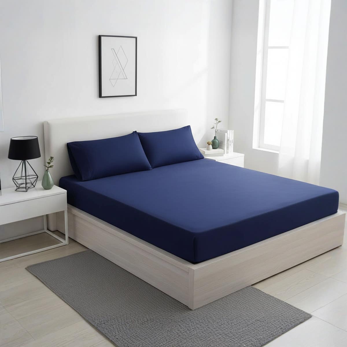 Luxury Navy Blue  Fitted Bed Sheet Set -  Size 120cm*200cm*30cm- Wrinkle-Resistant - 3 Pieces