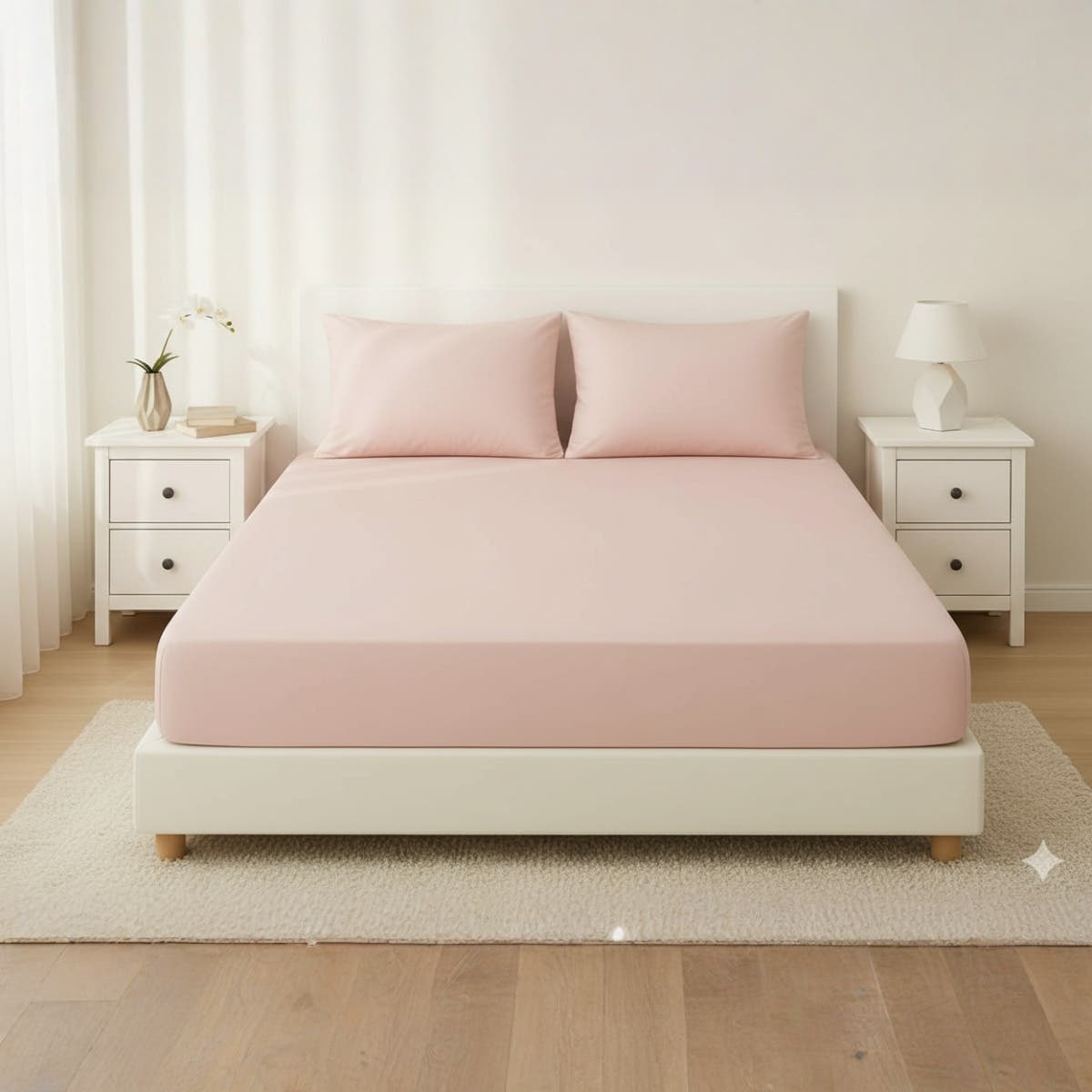 Luxury  Cotton Fitted Sheet Set with Elastic,size 140*200*30cm  - Light Pink - 3pcs
