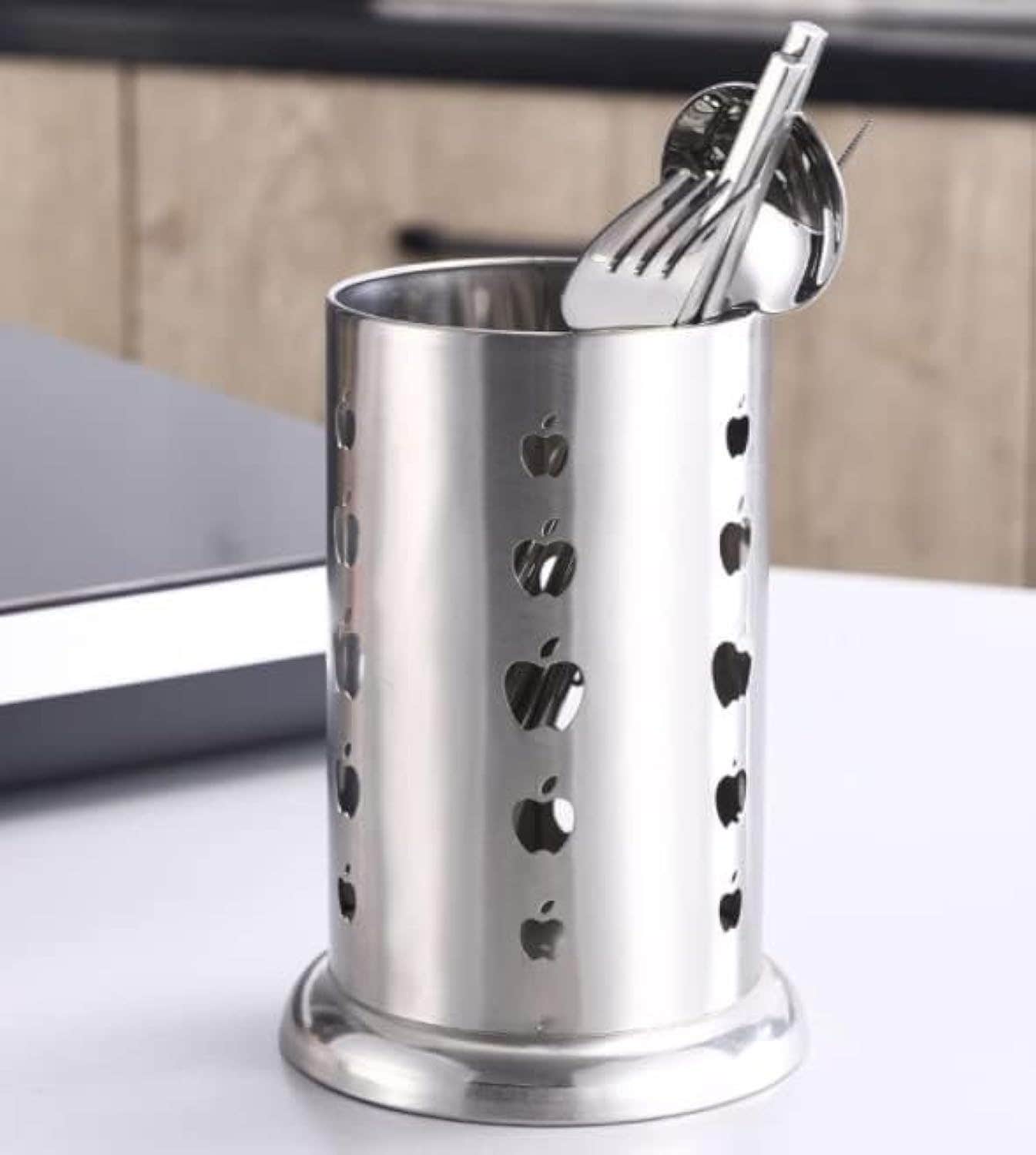 Stainless Steel Kitchen Utensil Holder Flatware Cylinder Silverware Draining Organizer Drying Rack with Round Drain Holes for Forks, Knives, Spoons, Chopsticks (Small)