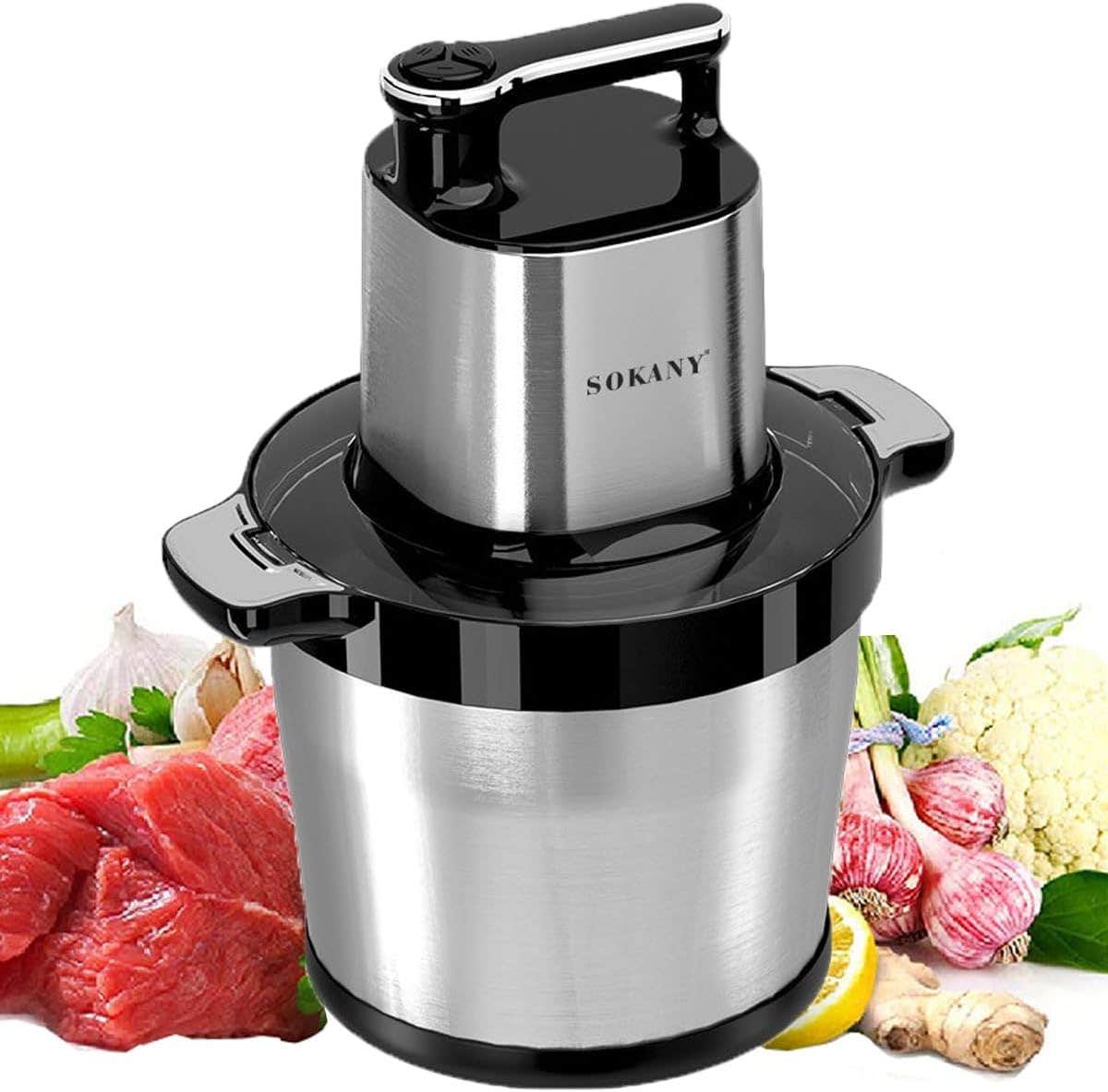 SOKANY 1500 W Electric Kitchen Chopper with 8L Stainless Steel Bowl, Multi Chopper with 3 Speed Levels, Meat Grinder with 6 Blades for Meat, Onions, Fruit, Vegetables