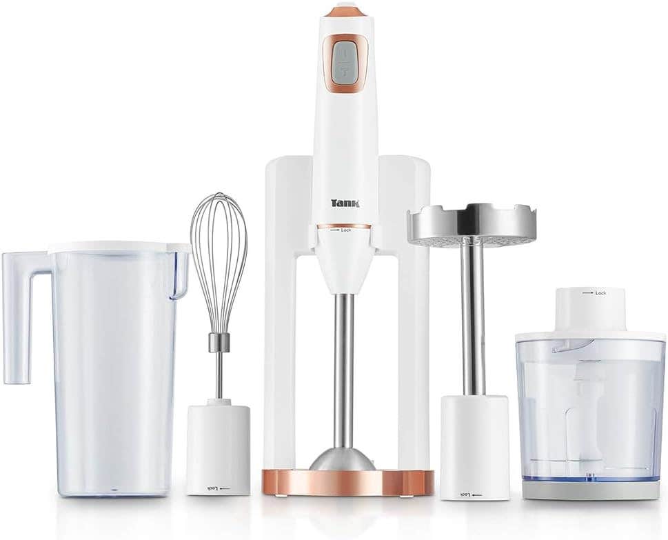Tank Hand Blender All in One, 5 Speed Control + Turbo, 600 Watts, White/Rose Gold, CM-6003-1W, 2 Year Warranty