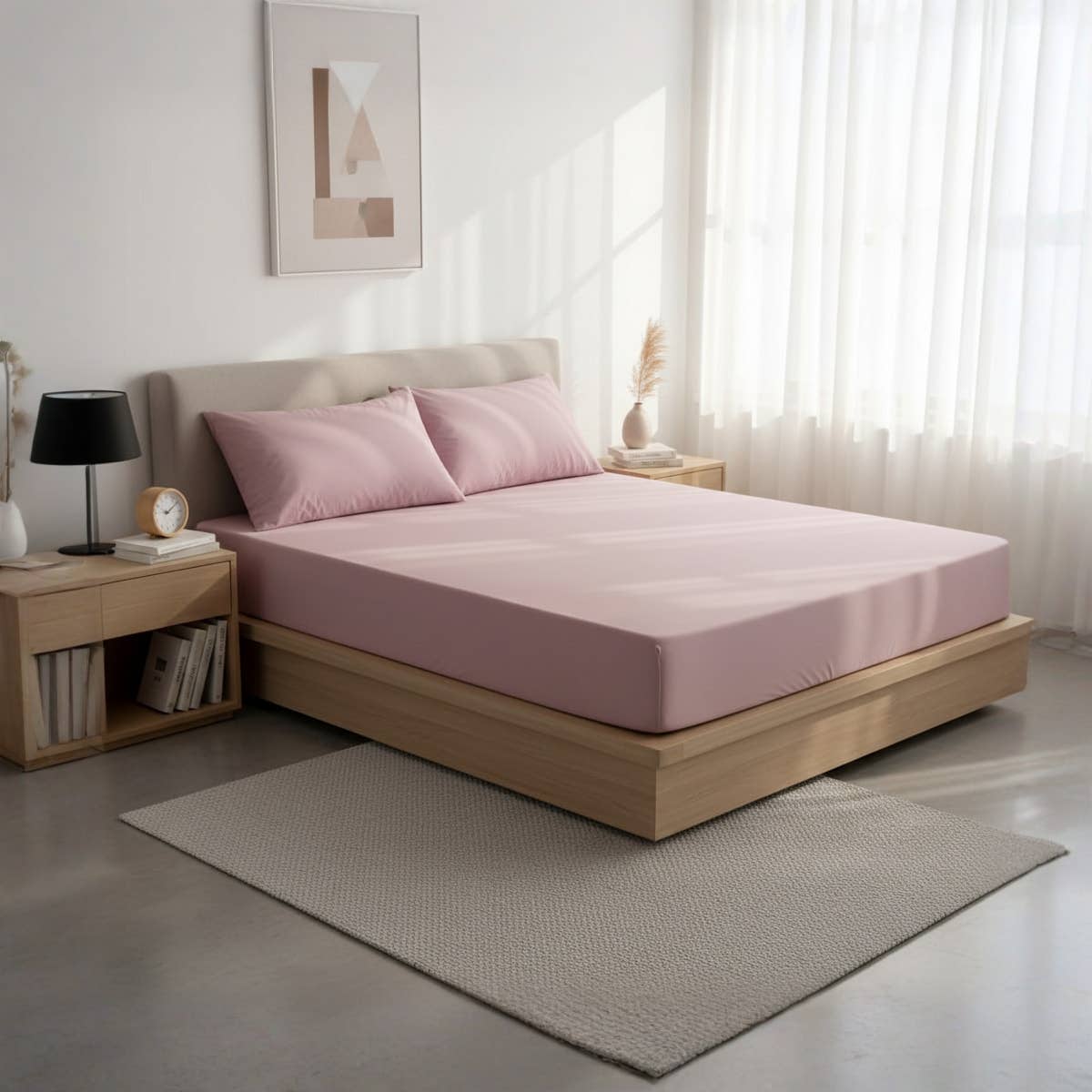 Luxury 3-Piece Bed Sheet Set, Pink, Elastic Fitted Sheet with 2 Pillowcases, 160x200x30 cm, Soft Breathable Fabric, Wrinkle-Free