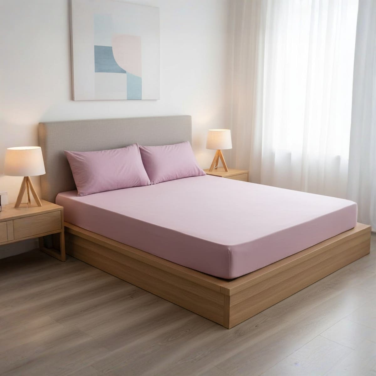 Luxury 3-Piece Bed Sheet Set, Pink, Elastic Fitted Sheet with 2 Pillowcases, 200x200x30 cm, Soft Breathable Fabric, Wrinkle-Free
