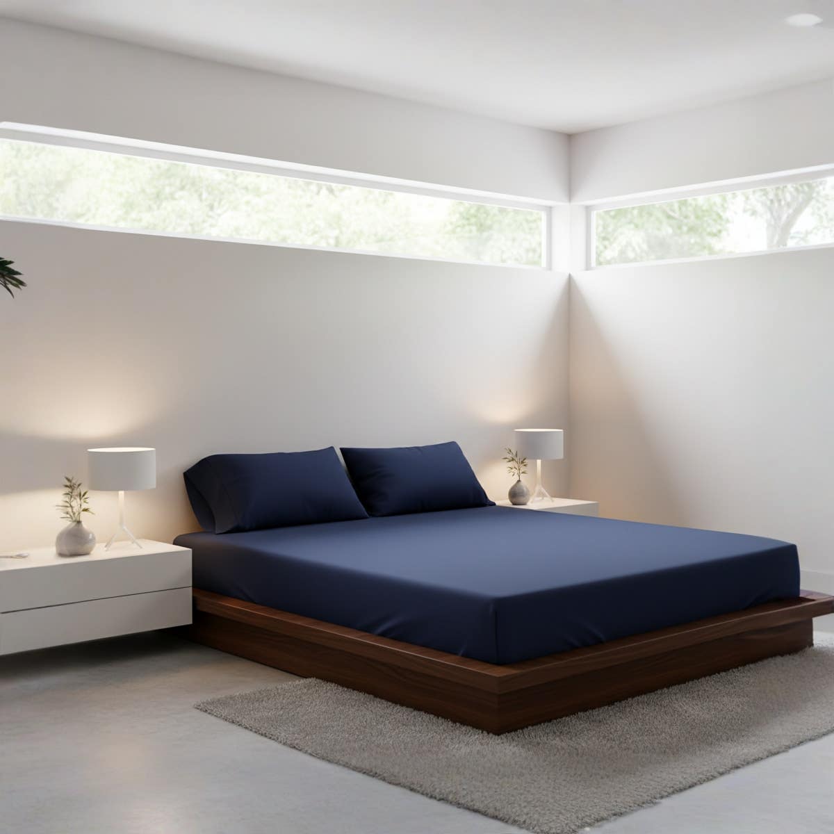 Luxury Navy Blue Fitted Bed Sheet Set size 140 cm *200 cm *30cm – 3 Pieces (1 Elastic Bed Sheet + 2 Pillowcases), Soft Breathable Fabric, Wrinkle-Free, Elegant Design for Bed