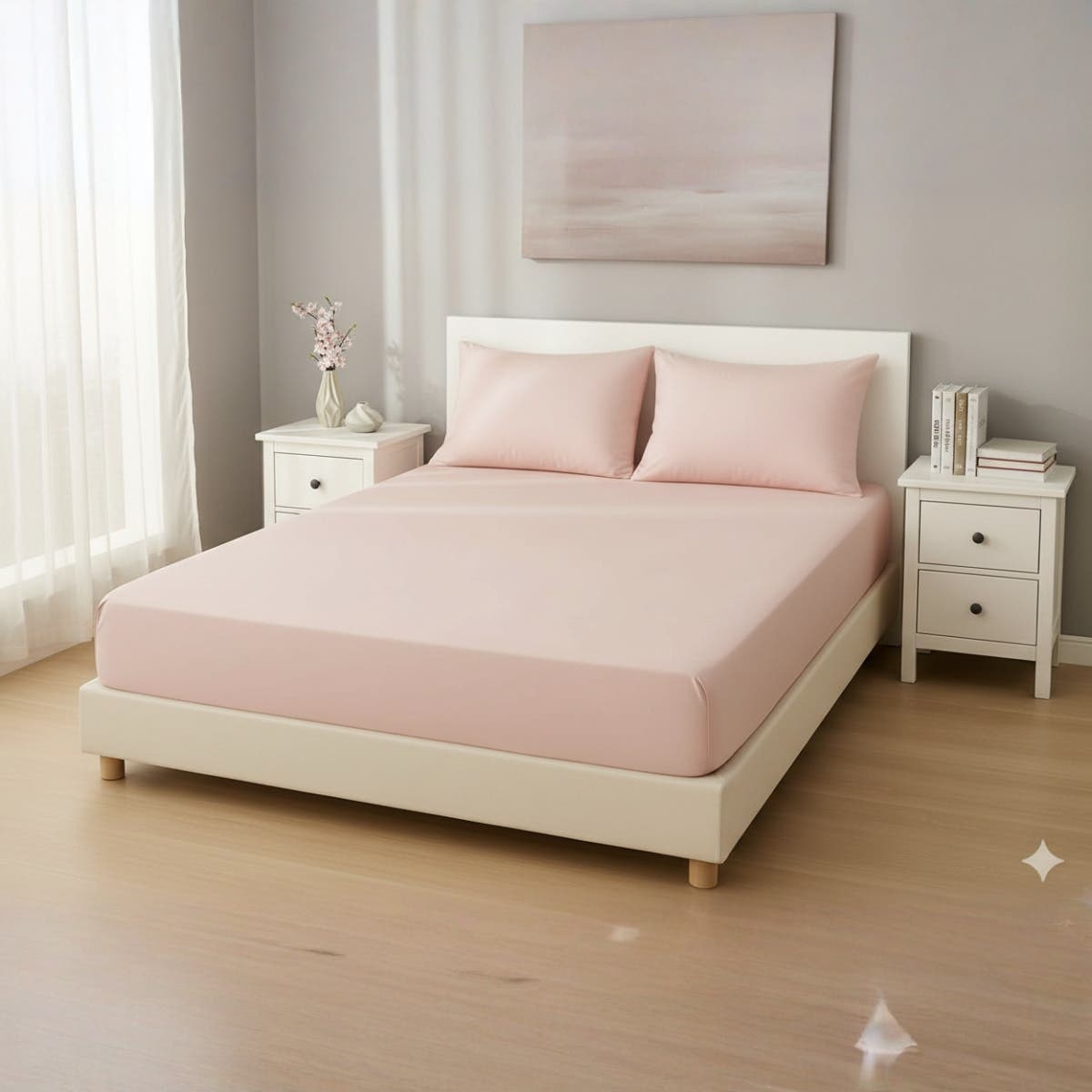Luxury Fitted Sheet with Elastic 100% Cotton, Light Pink, Size 120cm, 30cm Depth, 3 Piece Set with 2 Pillow Cases 50x70cm, Suitable for Thick Mattresses