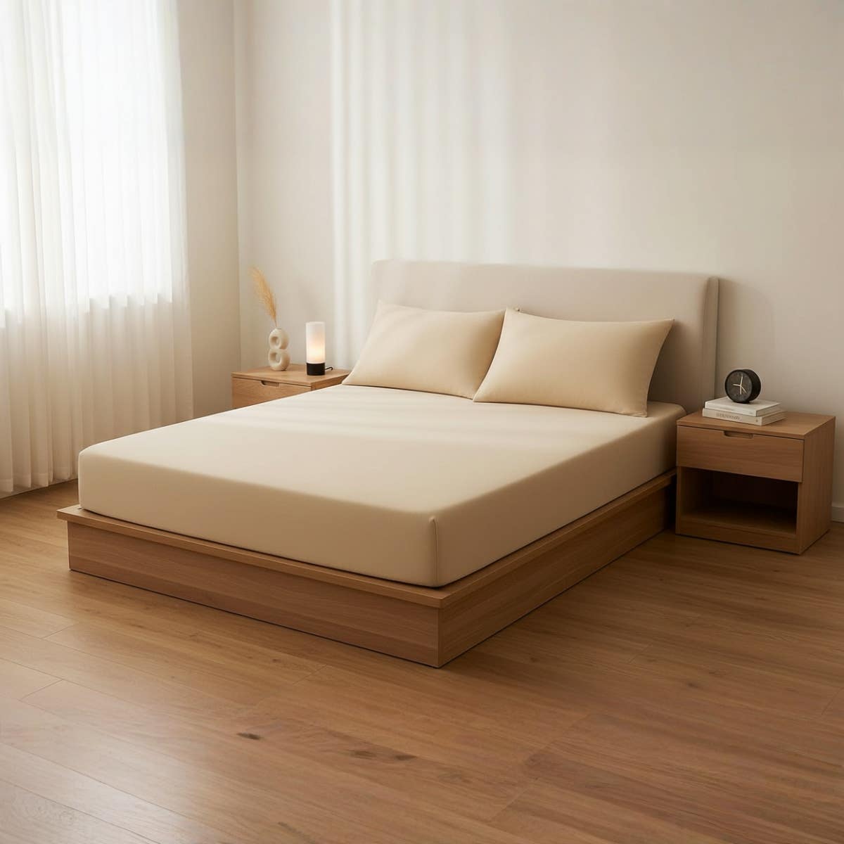Luxury Beige Cotton Fitted Sheet Set, 160x200cm, Deep Pocket Design
