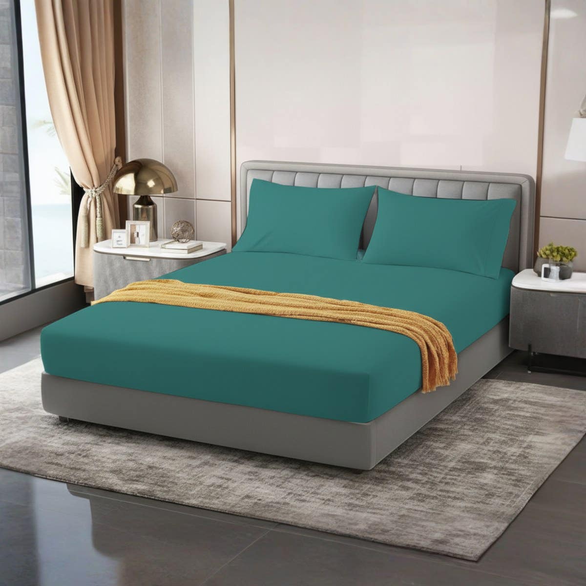 Luxury Green Fitted Bed Sheet Set size 150 cm *200 cm *30 cm – 3 Pieces (1 Elastic Bed Sheet + 2 Pillowcases), Soft Breathable Fabric, Wrinkle-Free, Elegant Design for Bed