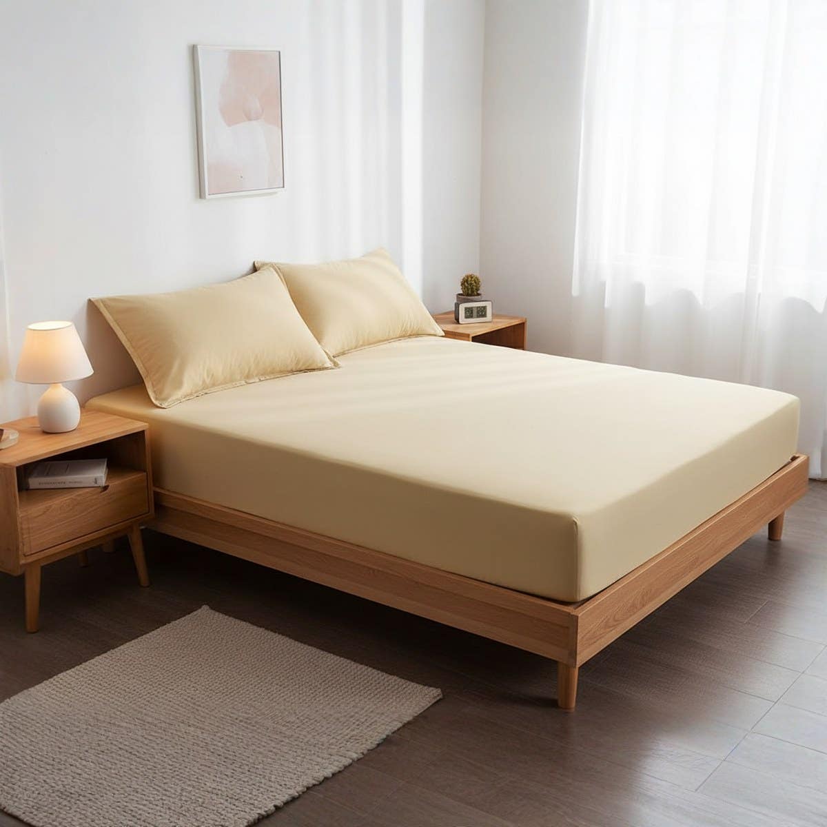 Comfy Camel 3-Piece Fitted Sheet Set, Elastic Bed Sheet with 2 Pillowcases, Camel Color, 150x200x30cm