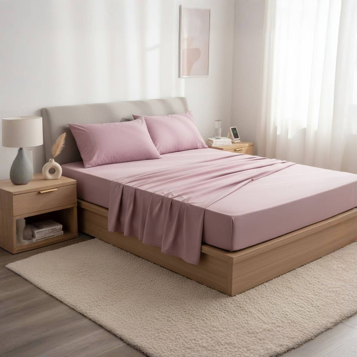Luxury Pink Microfiber Bed Sheet Set with Pillowcases, Size 120x200x30, Wrinkle-Resistant